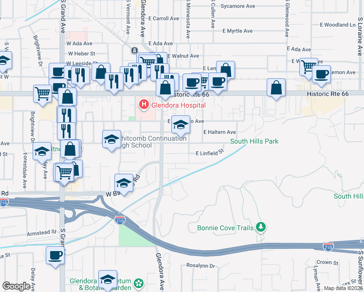 map of restaurants, bars, coffee shops, grocery stores, and more near 202 East Mauna Loa Avenue in Glendora