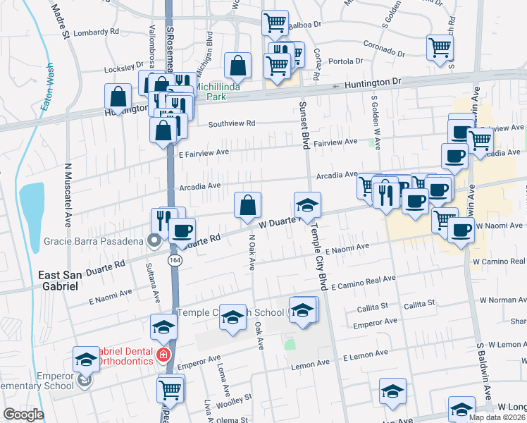 map of restaurants, bars, coffee shops, grocery stores, and more near 9169 East Greenwood Avenue in San Gabriel