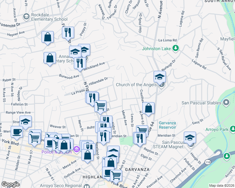 map of restaurants, bars, coffee shops, grocery stores, and more near 526 Oleander Drive in Los Angeles