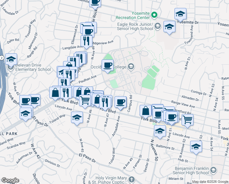 map of restaurants, bars, coffee shops, grocery stores, and more near 1555 Campus Road in Los Angeles