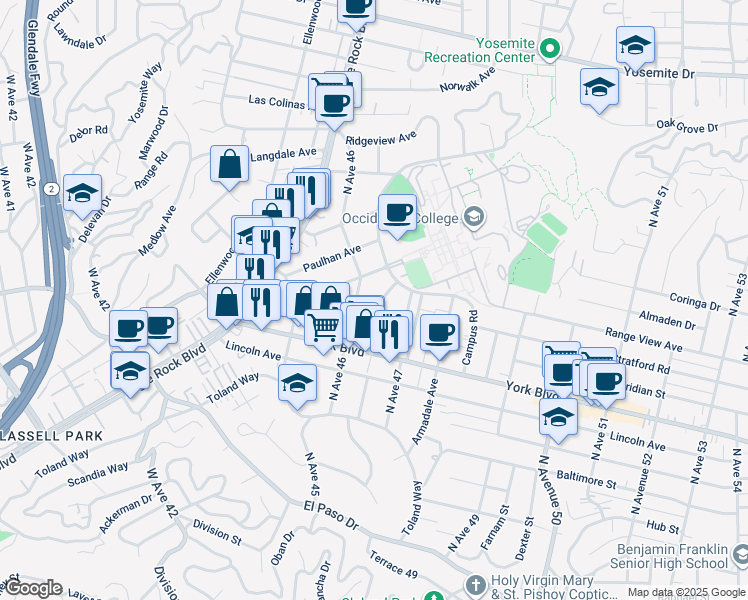 map of restaurants, bars, coffee shops, grocery stores, and more near 1562 North Avenue 46 in Los Angeles