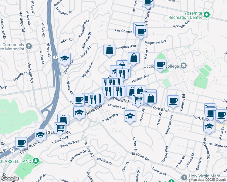map of restaurants, bars, coffee shops, grocery stores, and more near 4423 North Eagle Rock Boulevard in Los Angeles