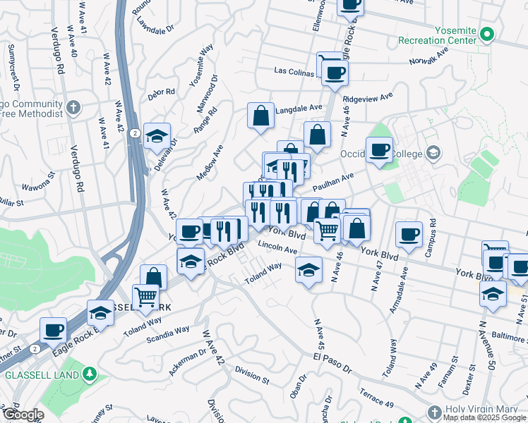 map of restaurants, bars, coffee shops, grocery stores, and more near 4423 North Eagle Rock Boulevard in Los Angeles
