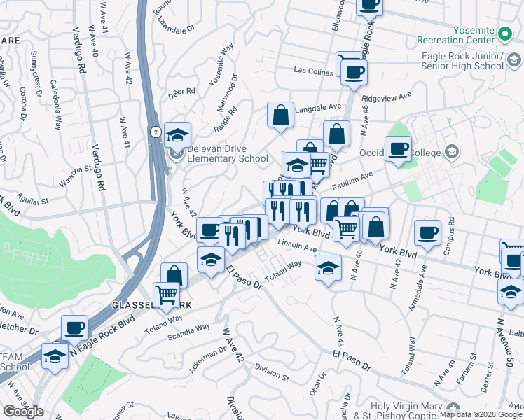 map of restaurants, bars, coffee shops, grocery stores, and more near 4360 York Boulevard in Los Angeles