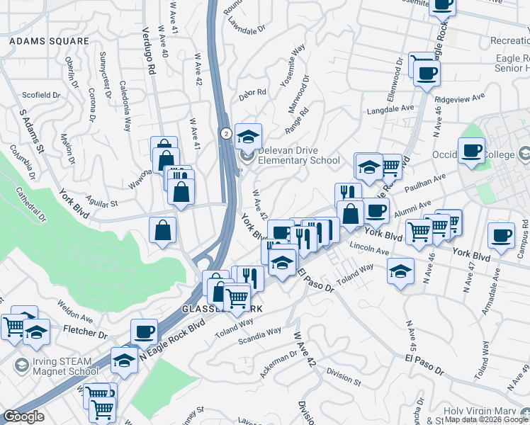 map of restaurants, bars, coffee shops, grocery stores, and more near 4035 West Avenue 42 in Los Angeles