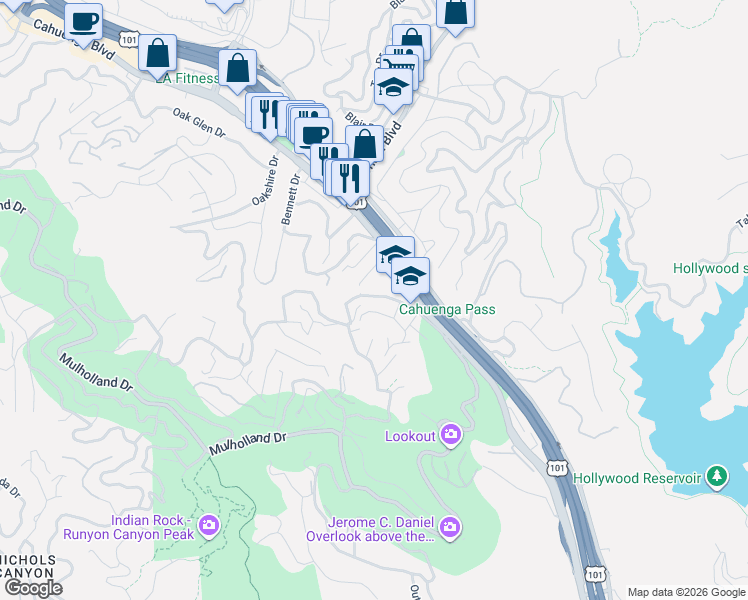map of restaurants, bars, coffee shops, grocery stores, and more near 6920 Woodrow Wilson Drive in Los Angeles