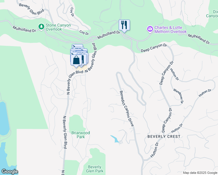 map of restaurants, bars, coffee shops, grocery stores, and more near 2727 Benedict Canyon Drive in Beverly Hills