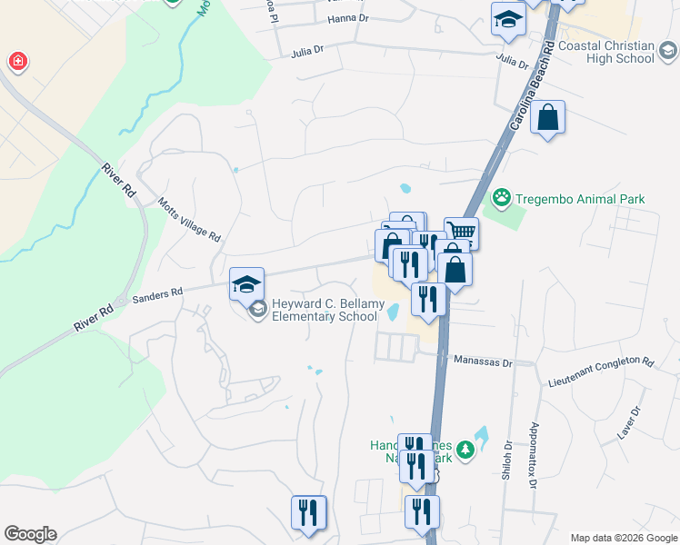 map of restaurants, bars, coffee shops, grocery stores, and more near 109-129 Sanders Rd in Wilmington