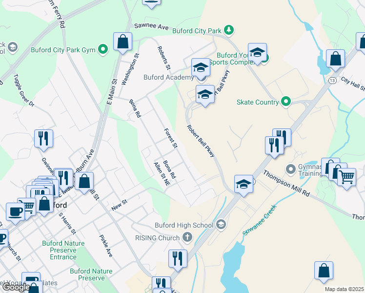 map of restaurants, bars, coffee shops, grocery stores, and more near 510 Forest Street in Buford