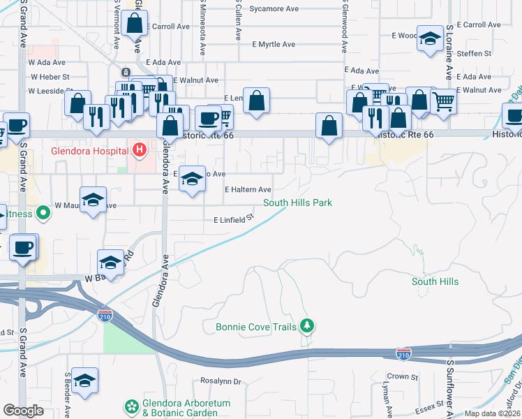 map of restaurants, bars, coffee shops, grocery stores, and more near 502 East Mauna Loa Avenue in Glendora
