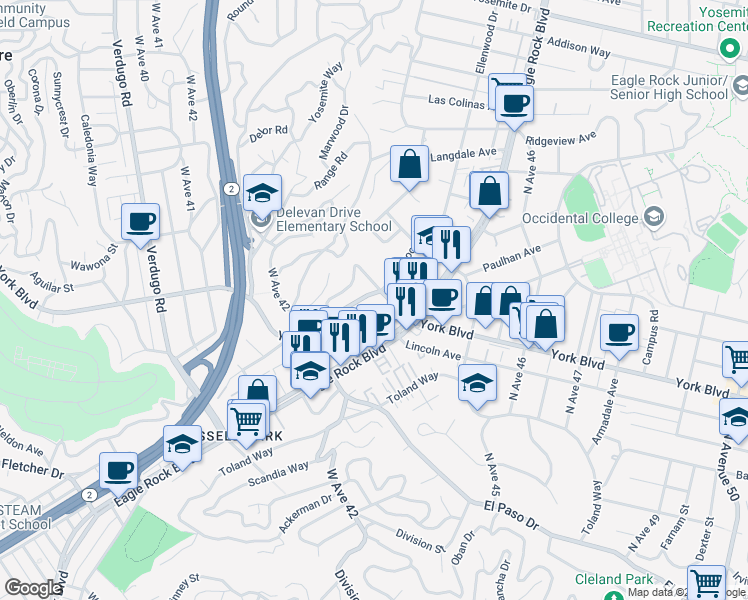 map of restaurants, bars, coffee shops, grocery stores, and more near 4360 York Boulevard in Los Angeles