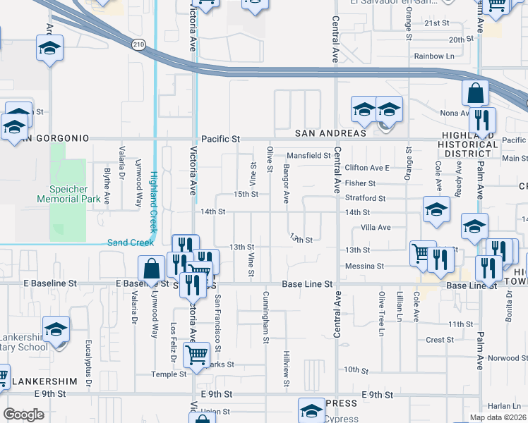 map of restaurants, bars, coffee shops, grocery stores, and more near 26692 14th Street in Highland