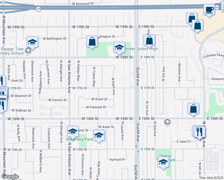 map of restaurants, bars, coffee shops, grocery stores, and more near 1695 North Palm Avenue in Upland
