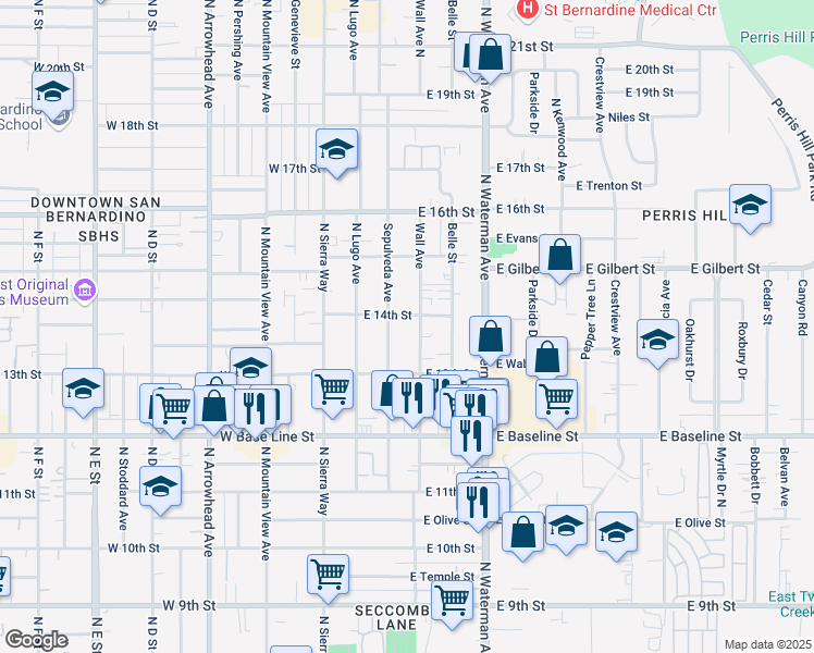 map of restaurants, bars, coffee shops, grocery stores, and more near 1376 Wall Avenue in San Bernardino