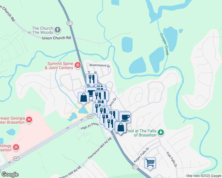 map of restaurants, bars, coffee shops, grocery stores, and more near 6041 Riverwood Drive in Braselton