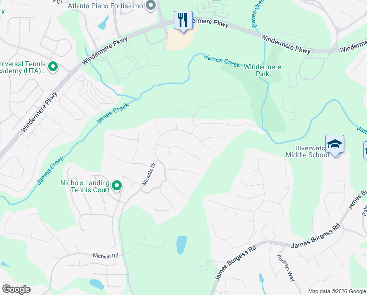 map of restaurants, bars, coffee shops, grocery stores, and more near 975 Pebble Creek Trail in Suwanee