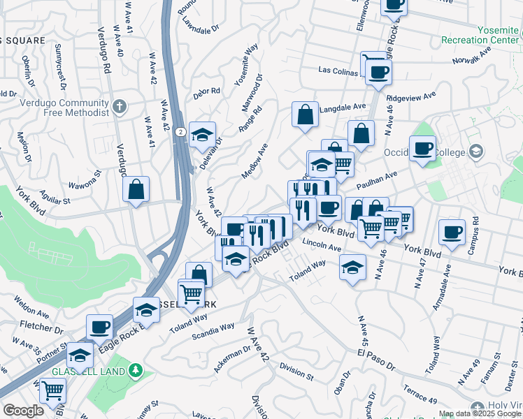 map of restaurants, bars, coffee shops, grocery stores, and more near 4325 York Boulevard in Los Angeles