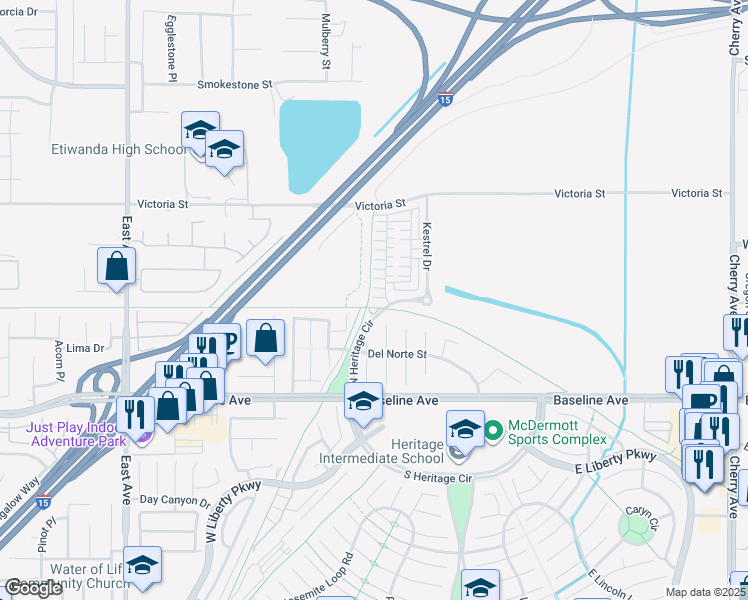 map of restaurants, bars, coffee shops, grocery stores, and more near 7082 Mallow Drive in Fontana