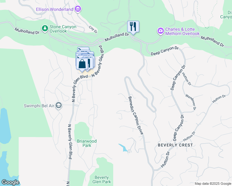 map of restaurants, bars, coffee shops, grocery stores, and more near 2727 Benedict Canyon Drive in Beverly Hills