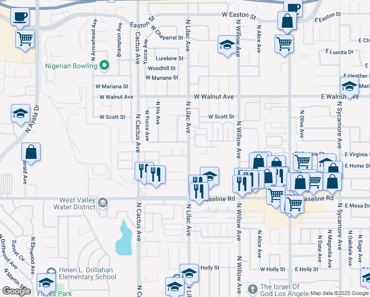 map of restaurants, bars, coffee shops, grocery stores, and more near 1397 N Park Ave in Rialto