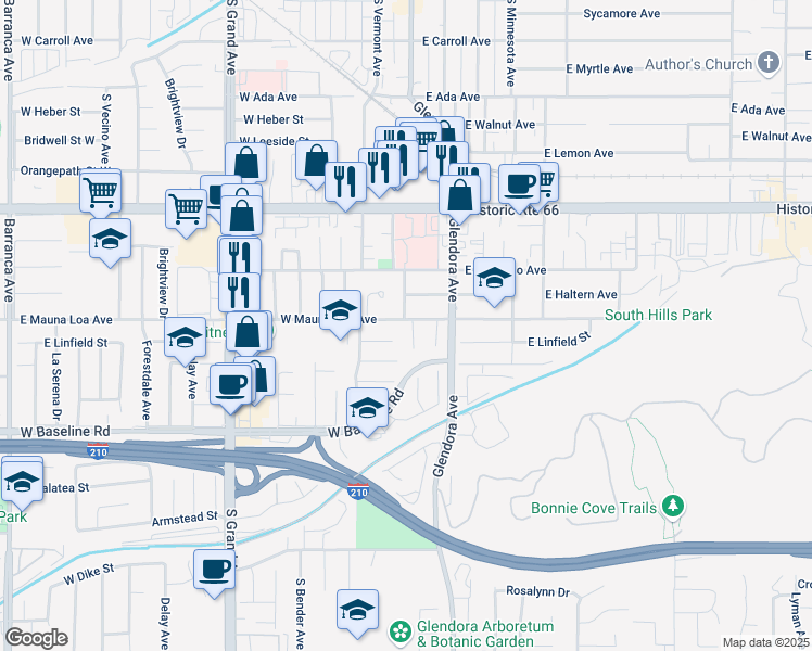 map of restaurants, bars, coffee shops, grocery stores, and more near 801 South Calmgrove Avenue in Glendora