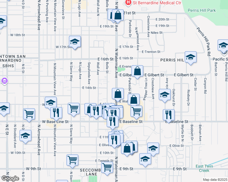 map of restaurants, bars, coffee shops, grocery stores, and more near 1376 North Waterman Avenue in San Bernardino