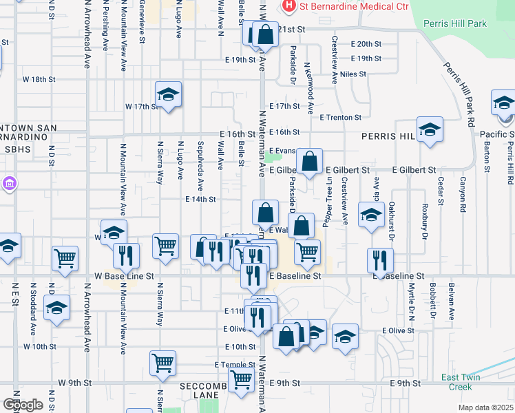 map of restaurants, bars, coffee shops, grocery stores, and more near 1384 North Waterman Avenue in San Bernardino