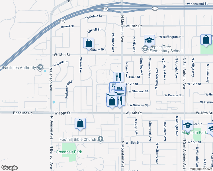 map of restaurants, bars, coffee shops, grocery stores, and more near 1692 Carmel Circle East in Upland