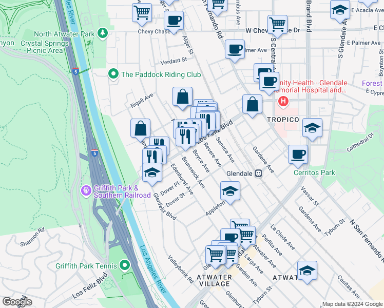 map of restaurants, bars, coffee shops, grocery stores, and more near 3968 Boyce Avenue in Los Angeles