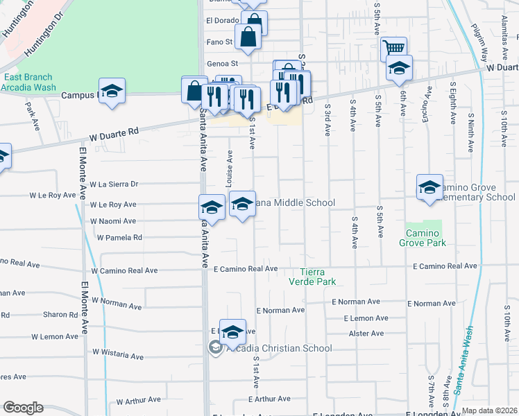 map of restaurants, bars, coffee shops, grocery stores, and more near 2 South 1st Avenue in Arcadia