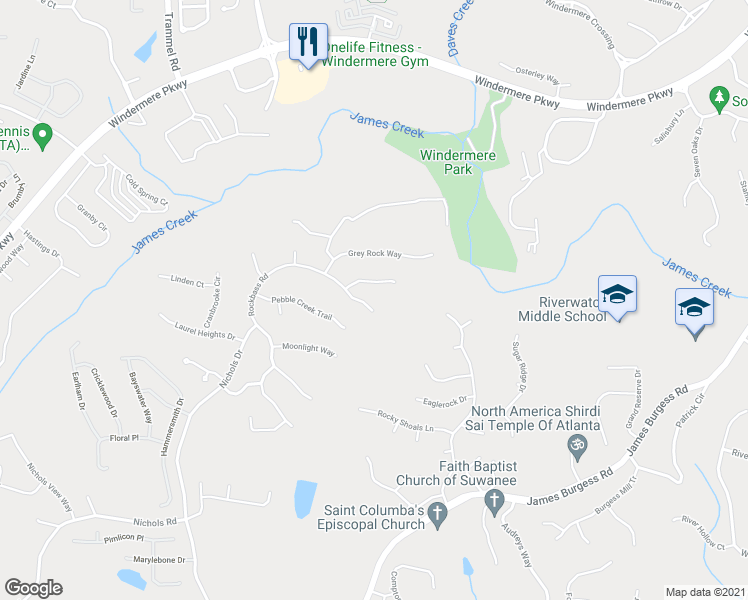 map of restaurants, bars, coffee shops, grocery stores, and more near 1275 Rockbass Road in Suwanee