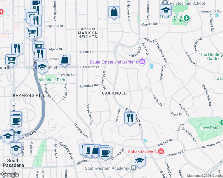 map of restaurants, bars, coffee shops, grocery stores, and more near 1241 South Oak Knoll Avenue in Pasadena