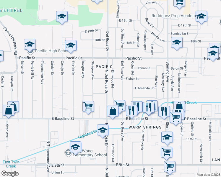 map of restaurants, bars, coffee shops, grocery stores, and more near 7098 Elmwood Road in San Bernardino
