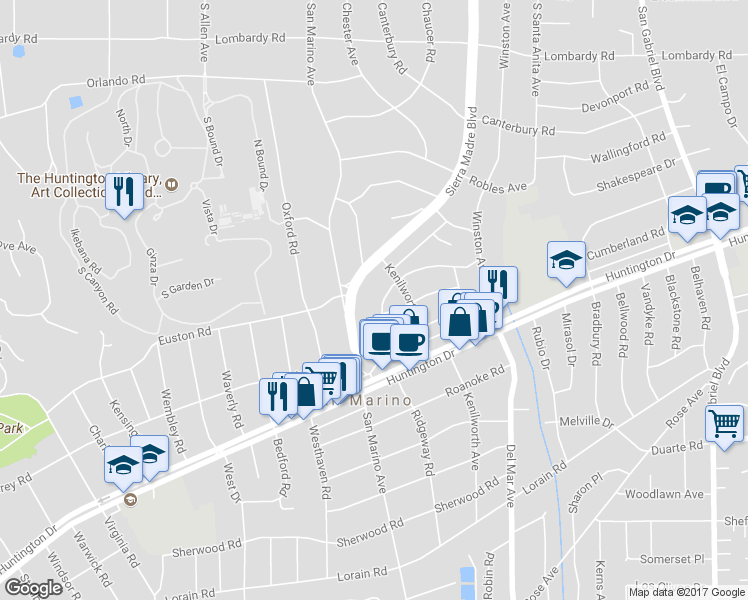 map of restaurants, bars, coffee shops, grocery stores, and more near 2345 Ridgeway Road in San Marino