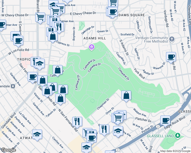map of restaurants, bars, coffee shops, grocery stores, and more near 1120 South Adams Street in Glendale