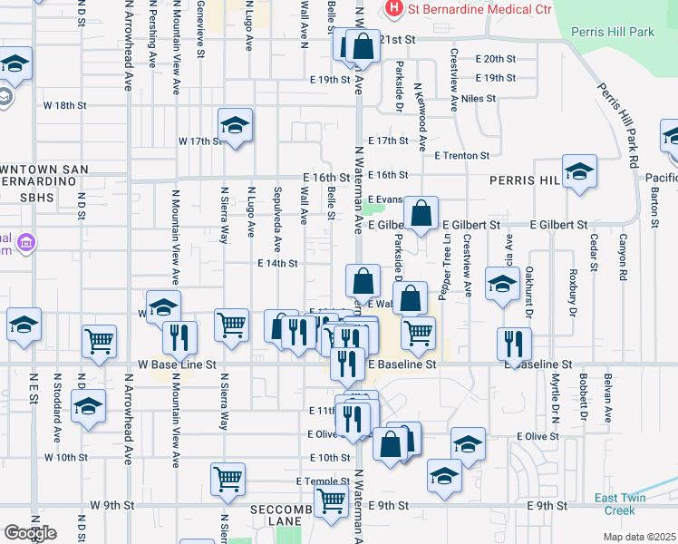 map of restaurants, bars, coffee shops, grocery stores, and more near 1387 Belle Street in San Bernardino