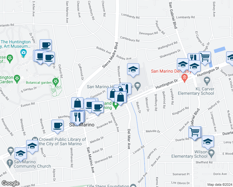 map of restaurants, bars, coffee shops, grocery stores, and more near 1375 Winston Avenue in San Marino