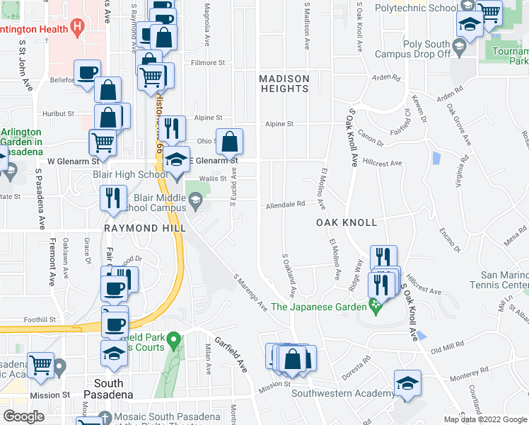 map of restaurants, bars, coffee shops, grocery stores, and more near 450 Allendale Road in Pasadena