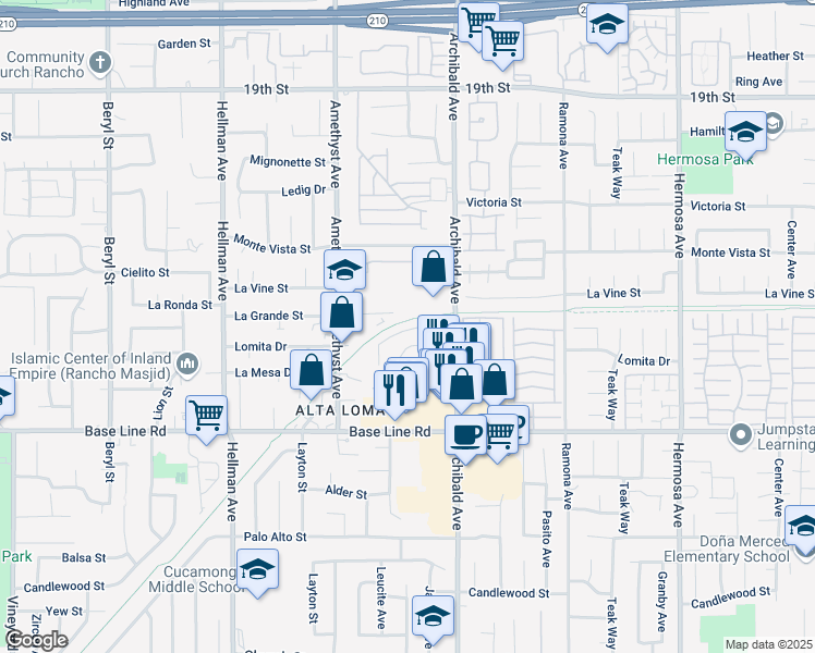 map of restaurants, bars, coffee shops, grocery stores, and more near 7104 Archibald Avenue in Rancho Cucamonga