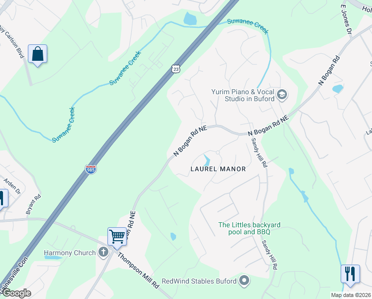 map of restaurants, bars, coffee shops, grocery stores, and more near 3273 North Bogan Road Northeast in Buford
