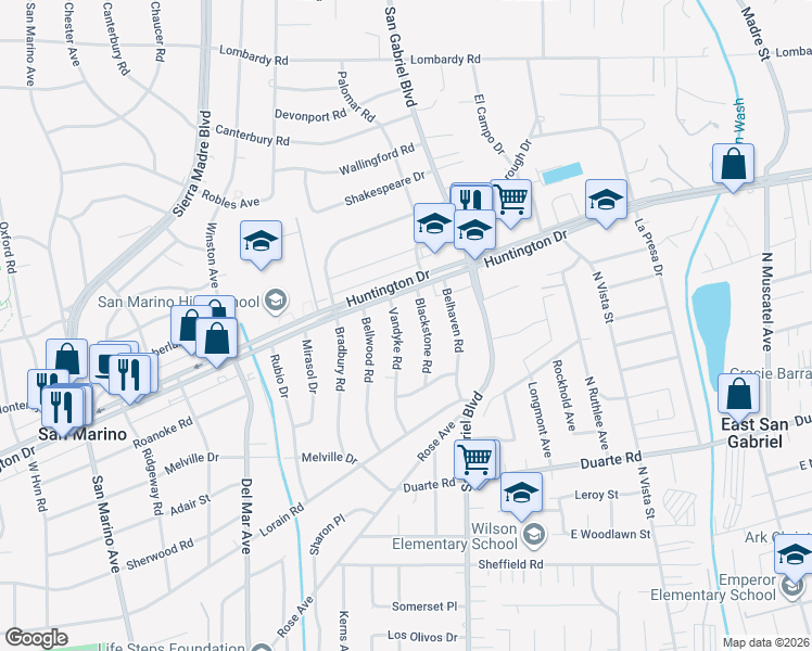 map of restaurants, bars, coffee shops, grocery stores, and more near 1350 Vandyke Road in San Marino