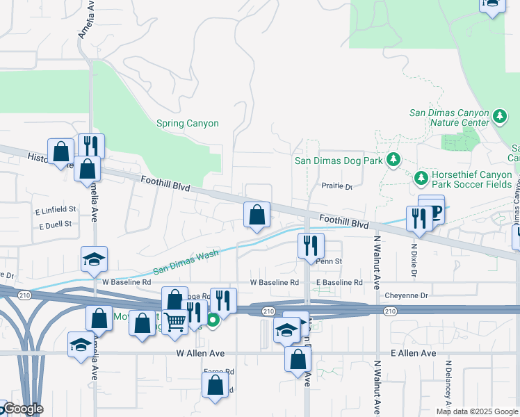 map of restaurants, bars, coffee shops, grocery stores, and more near 25 Woodglen Drive in San Dimas