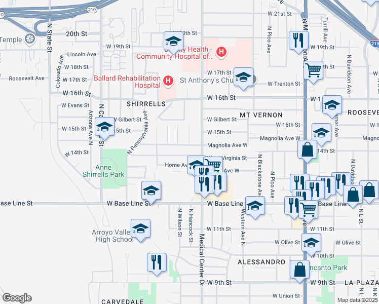 map of restaurants, bars, coffee shops, grocery stores, and more near 1648 West Virginia Street in San Bernardino