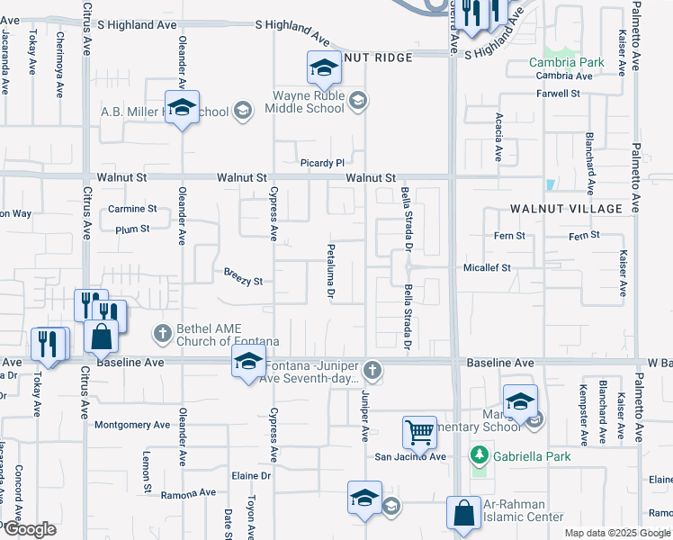 map of restaurants, bars, coffee shops, grocery stores, and more near 7103 Petaluma Drive in Fontana