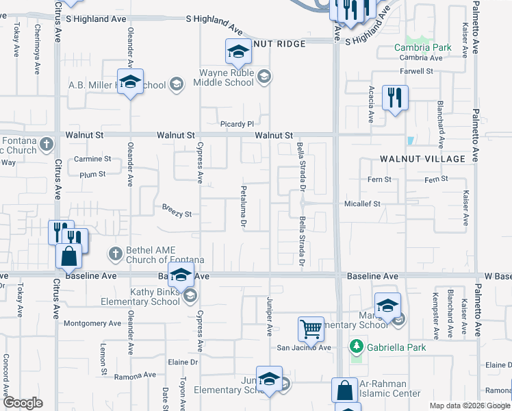 map of restaurants, bars, coffee shops, grocery stores, and more near 7102 Verdugo Place in Fontana
