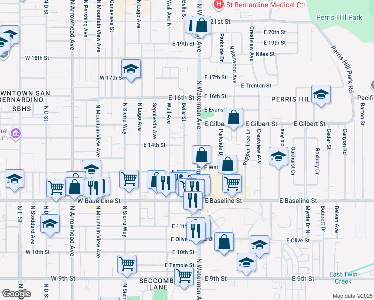 map of restaurants, bars, coffee shops, grocery stores, and more near 1387 Belle Street in San Bernardino