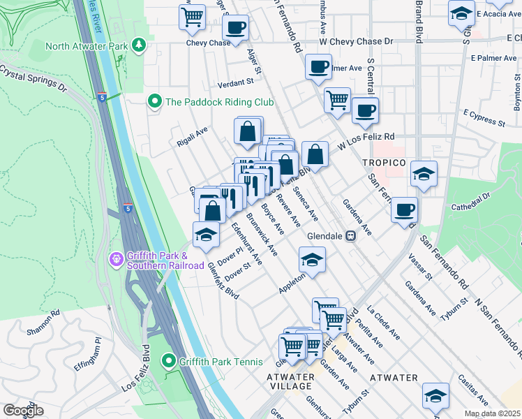 map of restaurants, bars, coffee shops, grocery stores, and more near 3968 Boyce Avenue in Los Angeles