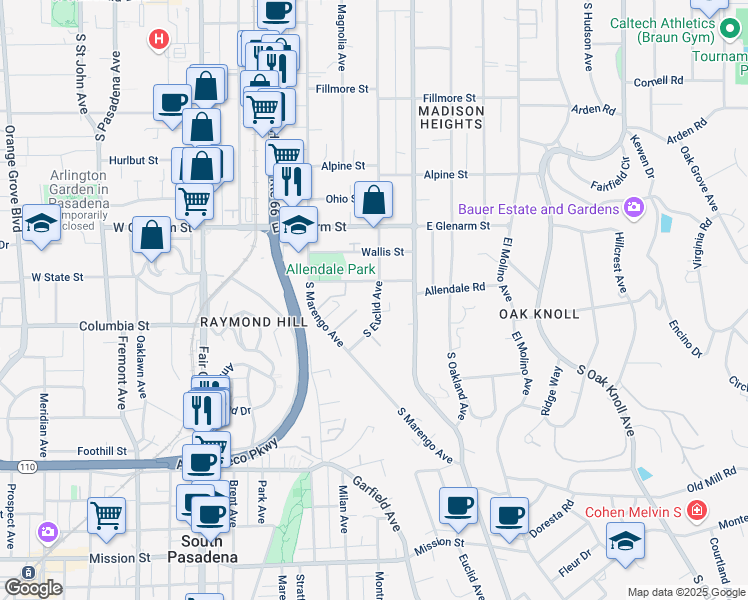map of restaurants, bars, coffee shops, grocery stores, and more near 1203 South Euclid Avenue in Pasadena