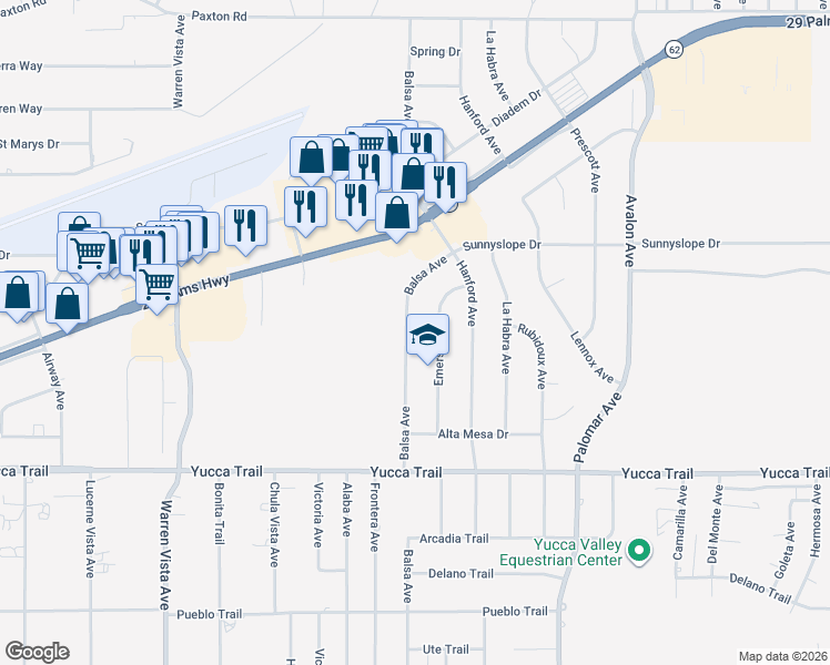 map of restaurants, bars, coffee shops, grocery stores, and more near 7053 Balsa Avenue in Yucca Valley