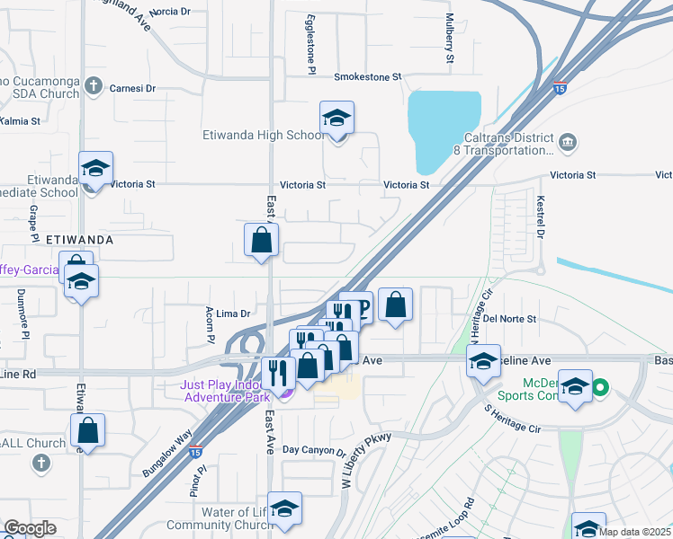 map of restaurants, bars, coffee shops, grocery stores, and more near 13443 Windy Grove Drive in Rancho Cucamonga